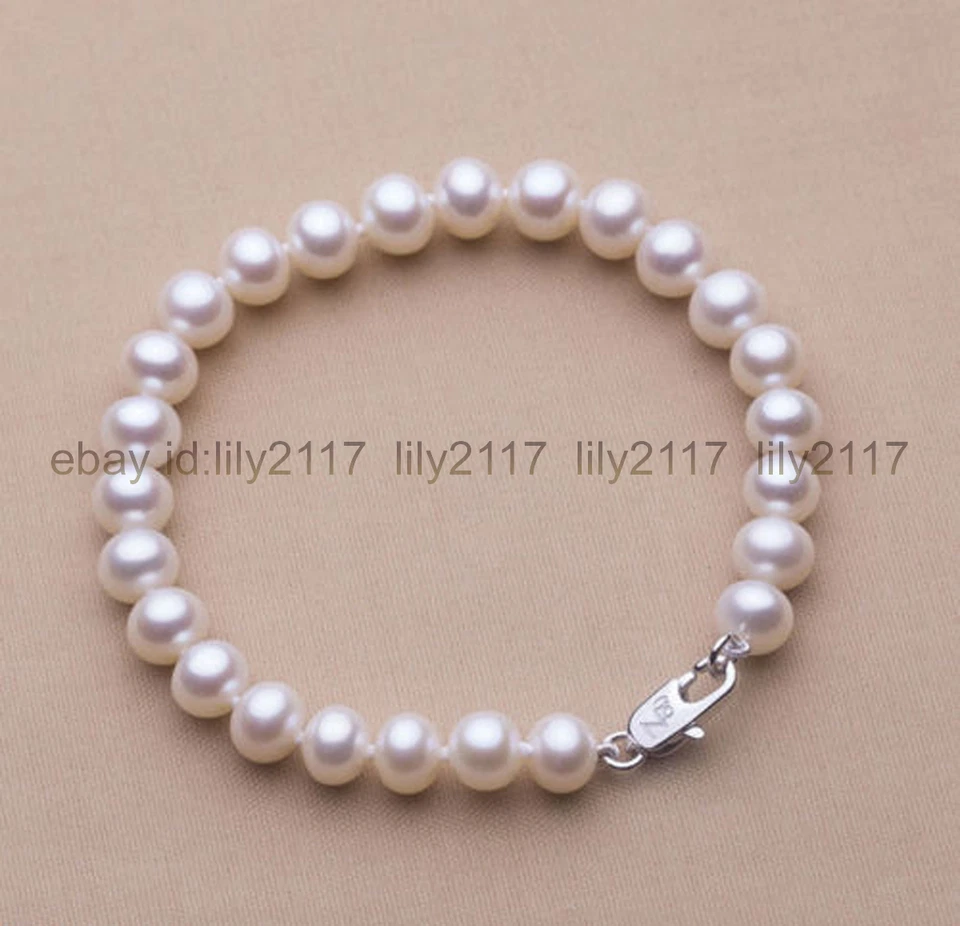 Pulsera de perlas cultivadas de agua dulce blancas Akoya naturales genuinas 7-8 mm 7,5" Foto 2 de 4