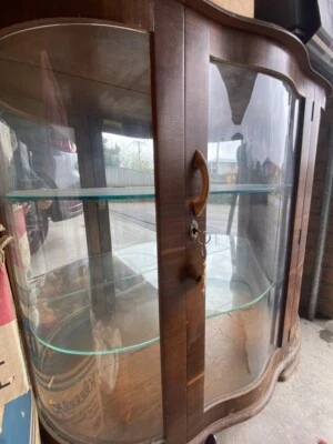 Antique China Cabinet Curved Glass Approx 1920 1930 Vintage Model