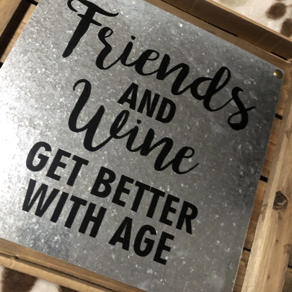 New! Rustic Wood & Metal Print Wall Hanging Drinking Quote " Friends and wine" - Image 3 of 4