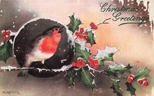 Christmas Card Robin Bird Frozen Black Moon M Morris Artist Vtg Postcard D53