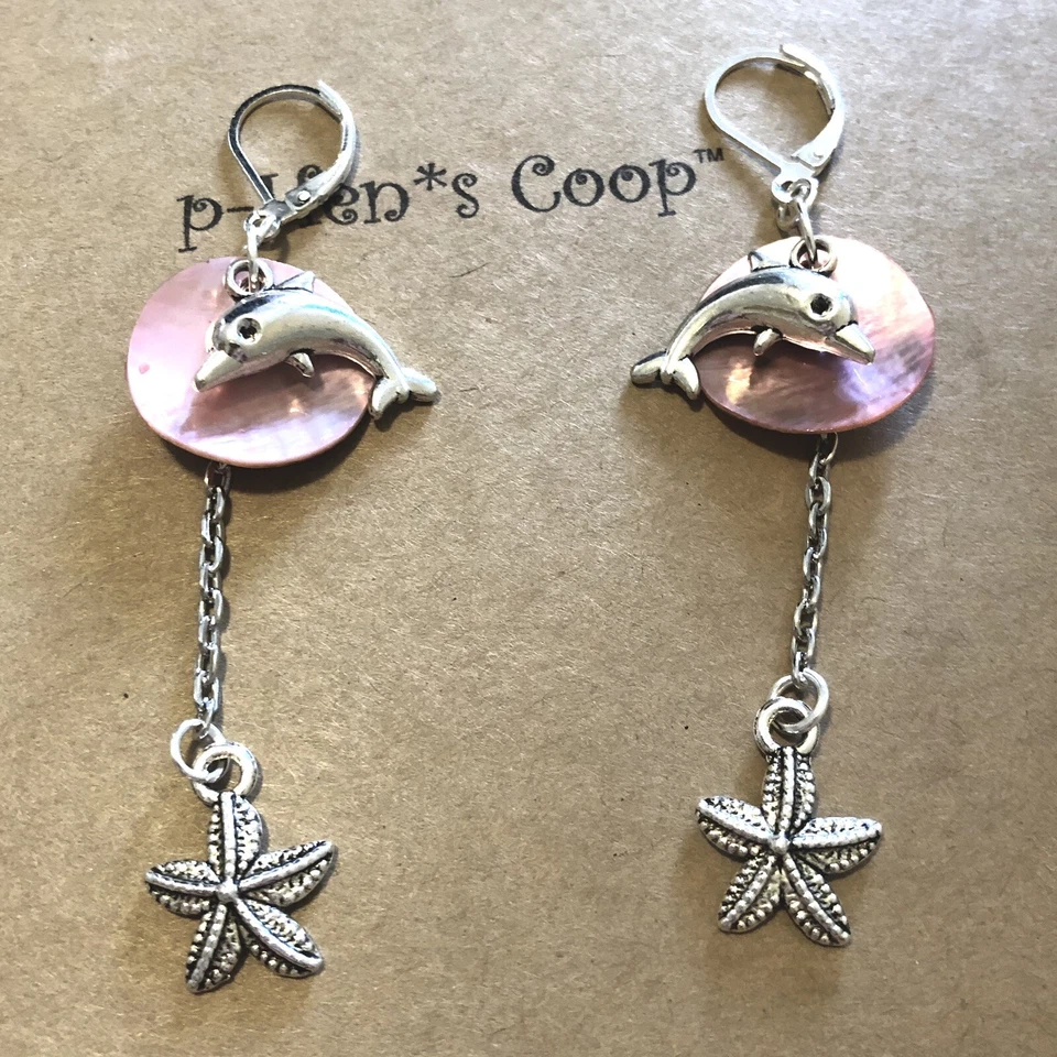 Pendientes 3D Delfín con Concha Disco y Estrella de Mar 925 Palanca Trasera Artesanal EE. UU. 1900 Foto 2 de 4