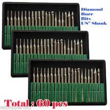 60 Pcs Diamond Burr Bits For Power Chicago Rotary Tool 1/8" Shank  w/ Box Tip