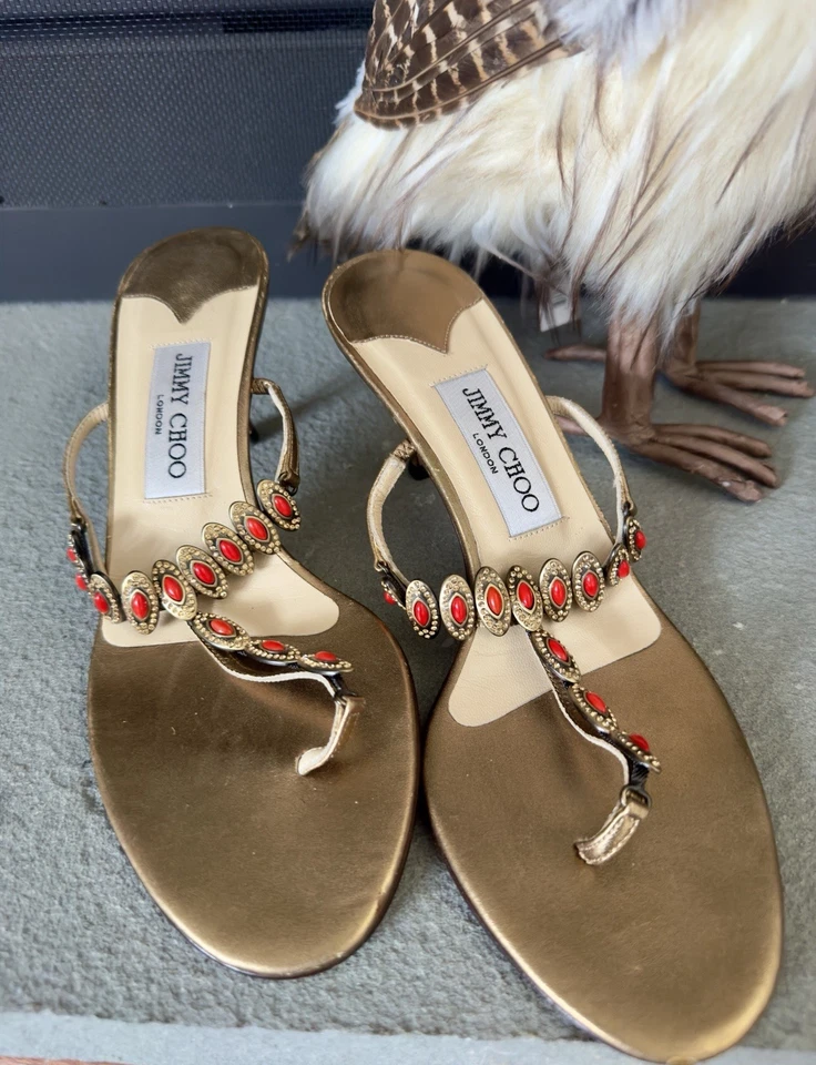 JIMMY CHOO стринги T ремень платье каблука сандалии украшенный драгоценными камнями металлик золото красный Cor G2U - Изображение 3 из 4