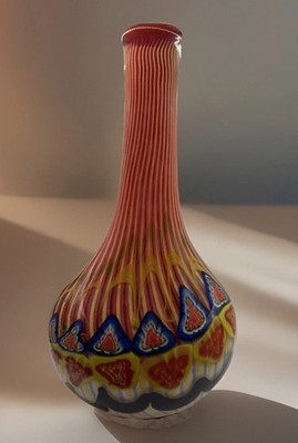 Murano Style Millefiori Stripe Art Glass Vase. Colorful, Large & Heavy. Detailed