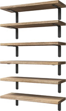 Wood Floating Wall Shelves Set of 6 Rustic Brown Wall Mounted Storage Shelves