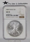 2009 Silver Eagle S$1 MS 70 Brown Label NGC
