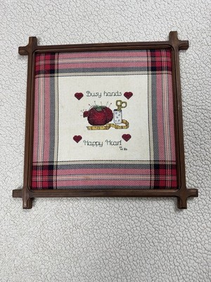 Vintage 1986 Cross Stitch  Framed Handmade ''Busy Hands Happy Heart'' Picture
