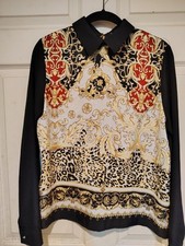 Renaissance Long Sleeve Collard Black Blouse With Design Women's Size S