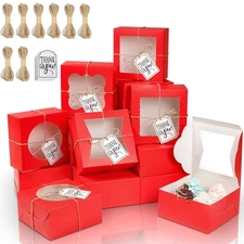 65 PCS Red Bakery Boxes, 6x6x3 Inch, Window, 5 Styles, Cookie, Pastry, Set