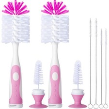 Baby Bottle Brush 2 Pack With 4 Straw Brushes 10.2 Inch Nylon Pink Suction Cup