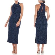 JS Collections Scarlett Wrap Tea Length Dress Navy Blue Embroidered Sz 12