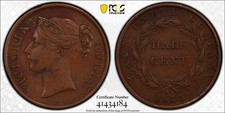 1845 Copper Coin Half Cent Straits Settlements Malaya Peninsula Queen Victoria