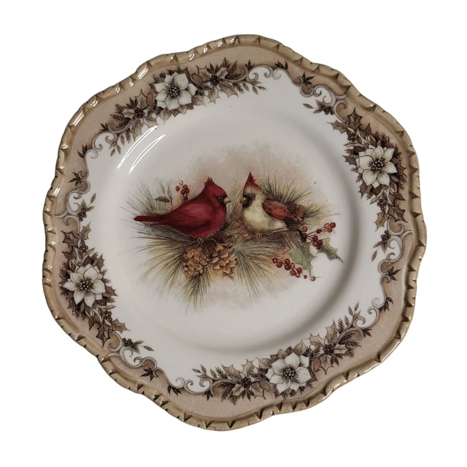 Set if 4 Cracker Barrel 8" Salad Plates Red Cardinals Winter Christmas - Image 2 of 4