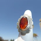 VINTAGE WARM HONEY AMBER STONE STERLING SILVER RING FLOWER SETTING SIZE 6
