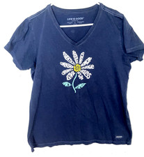 Life Is Good Short Sleeve Shirt Crusher Tee V-neck DAISY Womens L navy blue
