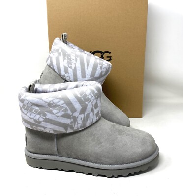 NP UGG Classic Mini Stripe Gray Suede Jersey Winter Boots Women Size 1136674 SEL