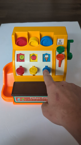 Vintage 1974 Fisher Price Registrierkasse und 6 Münzen Geld Baum Aufkleber auf Rückseite - Video 1 von 1