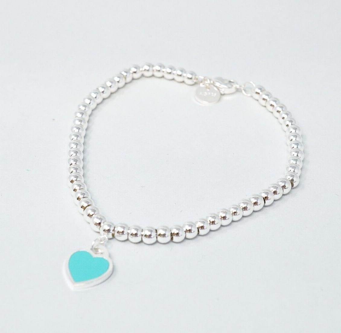 Tiffany & Co. 925 Silver Beaded Blue Heart Charm Bracelet 18cm With Gift Box Set