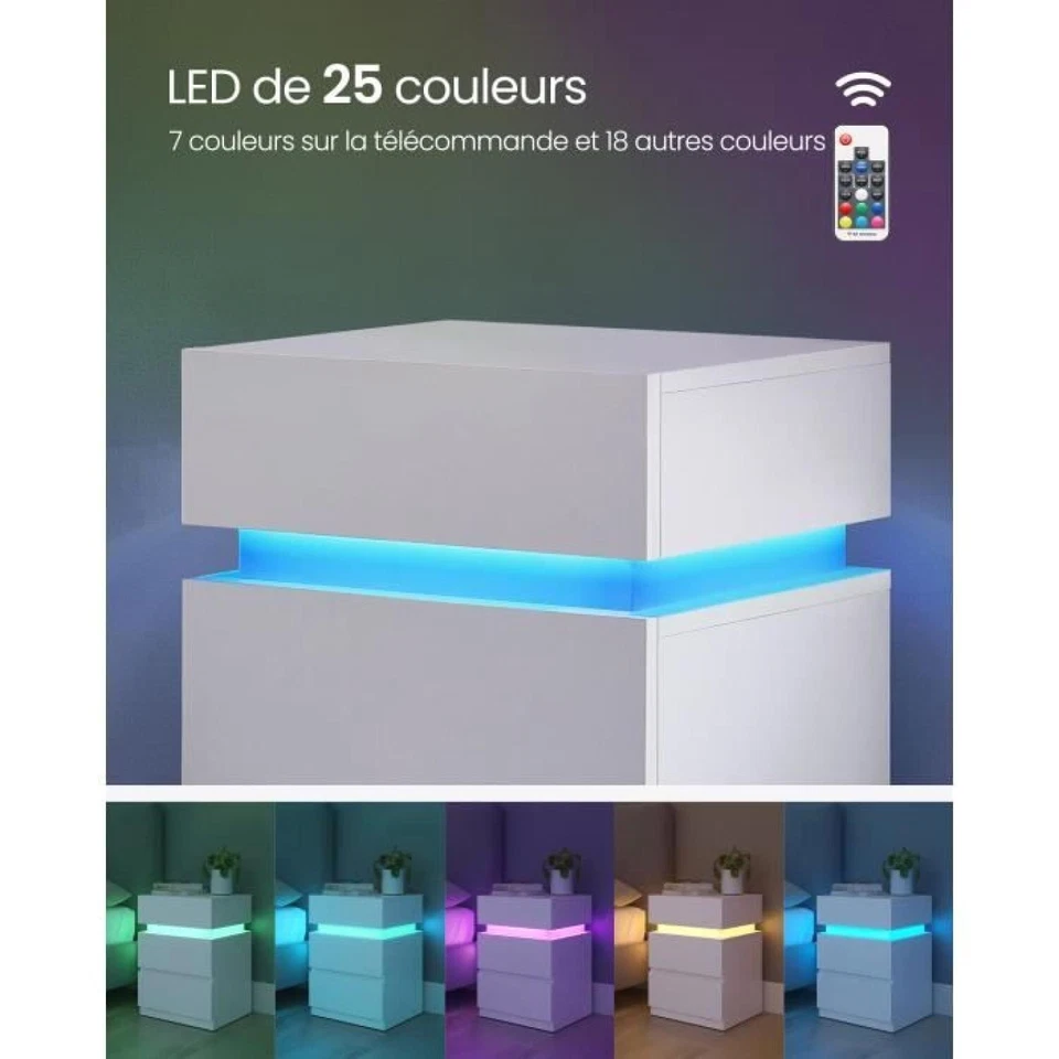 Table de Chevet VASAGLE 3 Tiroirs LED Multicolore Moderne Blanc 40x35x55cm - Photo 2/4