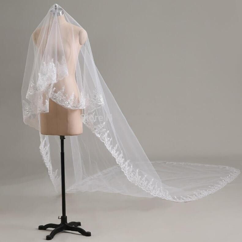 Cathedral Length One Layer Wedding Veil White Ivory Lace Edge Bridal