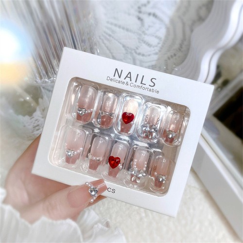 Long Coffin PressOn False Nails Diamonds Heart French Wedding Manicure