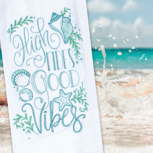 Beach Themed Kitchen Towels Embroidered Dish Towel Flour Sack White