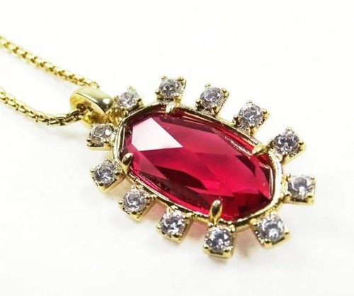 NWT Kendra Scott Brett Pendant Necklace $80 Brass Clear Red Berry - Picture 4 of 9