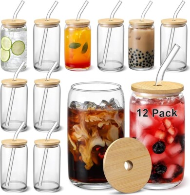 [ 12pcs Set ] Glass Cups with Bamboo Lids and Glass Straw