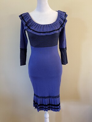 Temperley London Blue Black Stripe Ruffle Sheath Knit Dress Twee Office  Siren S