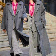 Women Fashion Style Herringbone Thick Long Coat Wide Collar Casual Leisure Coats