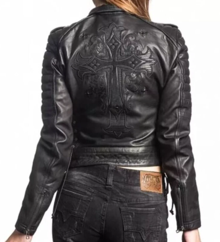Affliction Mujer Negro Premium COLA NEGRA Edición Limitada. Chaqueta de cuero PEQUEÑA NUEVA CON ETIQUETAS Foto 4 de 4