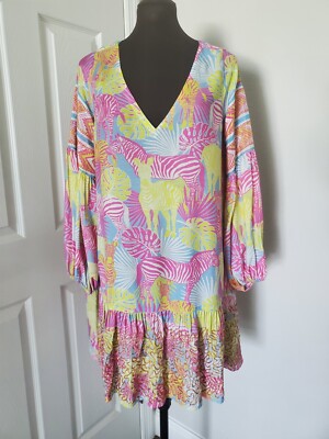 $325 TAJ by Sabrina Crippa Miami print beaded tunic top mini dress L M 10  12 | eBay