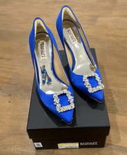 Badgley Mischka Blue Satin Pointed Toe Stiletto Pumps with Rhinestone Accents