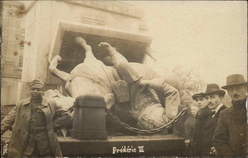 WWI Soldiers Topple German Monument FREDERIC III BLACK SOLDIER RPPC
