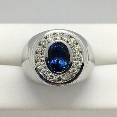 3Ct Oval Cut Lab Created Blue Sapphire Wedding Halo Ring 14k White Gold Plated