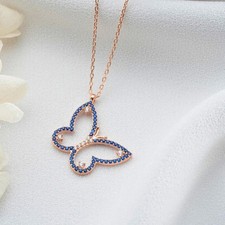 Butterfly Pendant Women's Necklace 925 Silver Round Lab Created Blue Sapphire