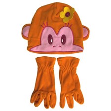 Girls Orange Pink Fleece Monkey Beanie Hat Gloves Set