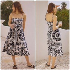 Farm Rio Women Black White Celestial Poplin Smocked Boho Cover Up Midi Dress M