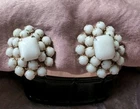 Vintage Clip Earrings White Milk Glass Prong Set Beads With Central Rectangular
