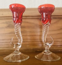 ¡Vasos cordiales o de licor de vidrio artístico italiano vintage! Cuencos rojos rubí tallos transparentes