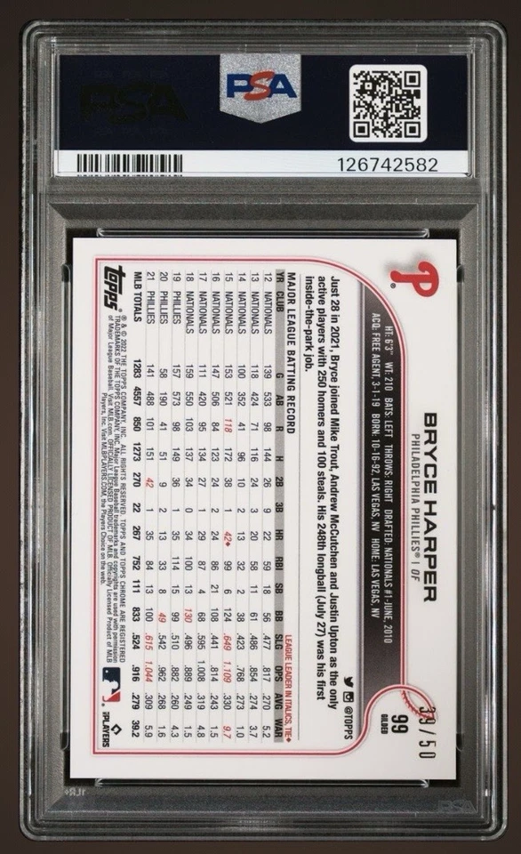 Bryce Harper 2022 Topps Chrome Gilded Gold Mini Diamond Etch #/50 PSA 50 - Image 2 of 2