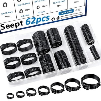 Professional Quality 62Pcs Hose Clamps in Black - 304 Stainless Steel Assortment