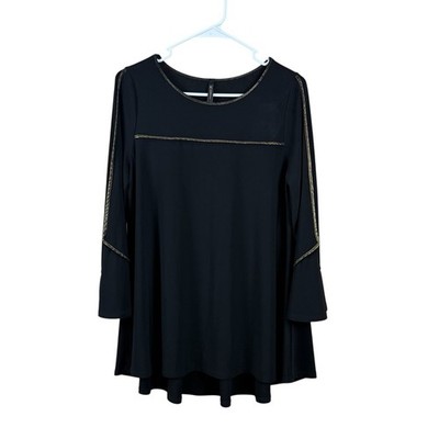 IC Collection by Connie K Womens Tunic Small Asymmetric Hem Metallic Trim Black