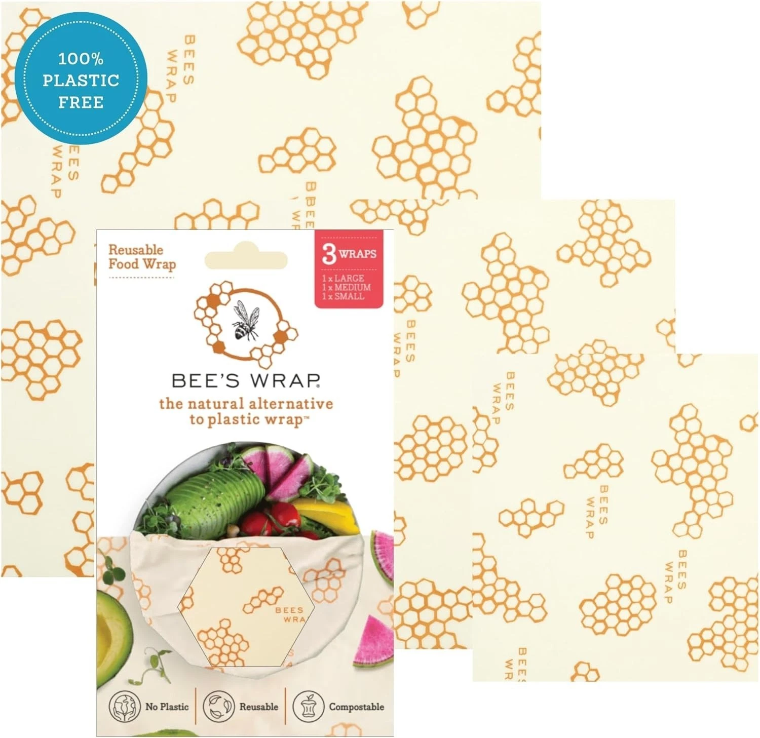 Bee's Wrap Beeswax Food Wraps 3 Pack Assorted Sizes Reusable Plastic Free USA