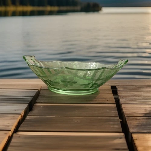 Imperial Glass Uranium Green Depression Molly Pattern Octagon Bowl Floral Etch