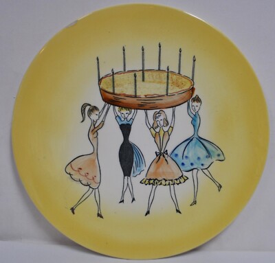 Vintage Fred Roberts Ceramic Plate 1950's Style Ladies Dancing w/ Birthday Cake