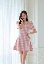 Women's 2024 Fashion Color Matching Lattice Square Collar Slim Fit Short Dress 