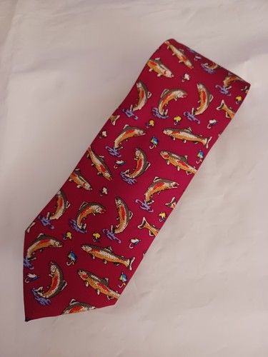 Vintage 100% Silk Rainbow Trout Necktie Tie Fish Theme Red Alynn Neckwear USA