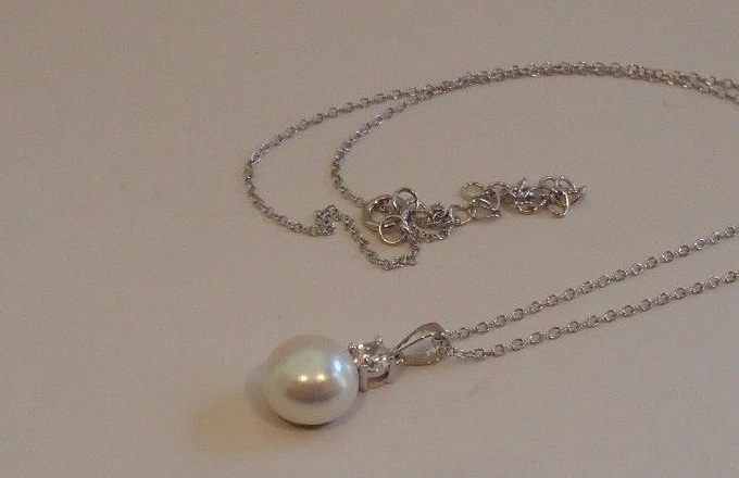 DANGLING PEARL NECKLACE PENDANT W/ LAB CREATED DIAMONDS 925 STERLING SILVER - Image 2 of 4