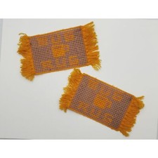 Pair Needlpoint Mug Rugs Hand Stitched Yarn Coasters Vintage